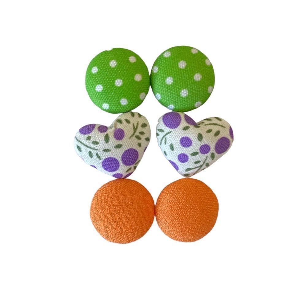 Cloth Bead Button Style Stud Earrings Floral Polka Dot Solid 3 Piece Set OSFM